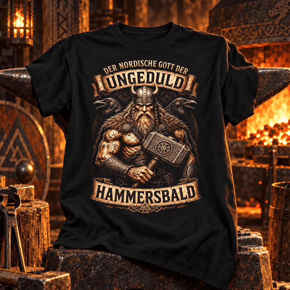 schwarzes T-Shirt mit humorvoller Wikinger Illustration und Hammersbald Spruch