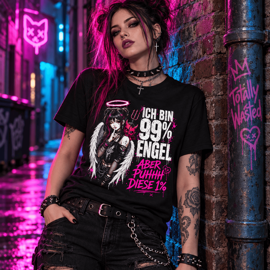 schwarzes T-Shirt mit humorvoller Engel Illustration