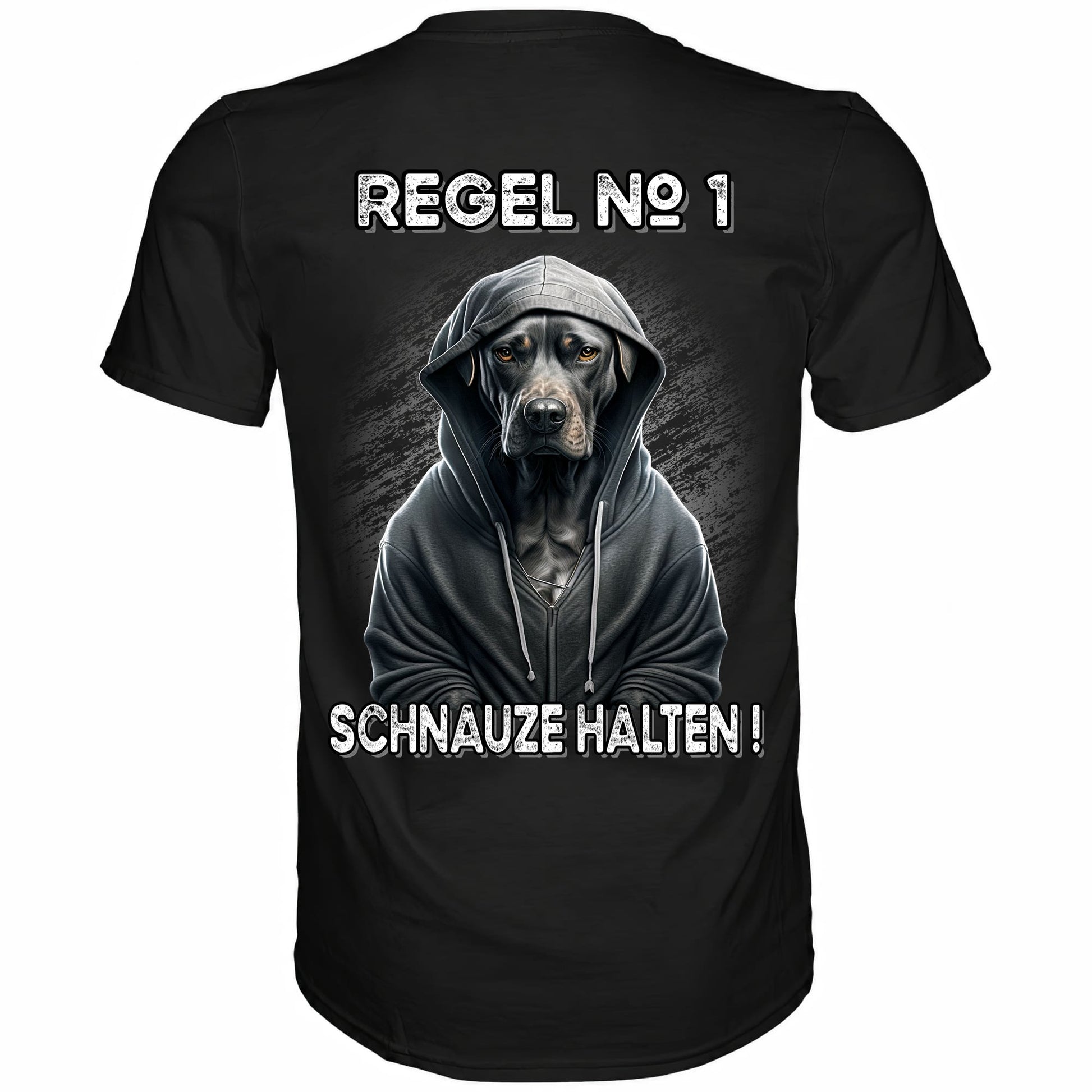 Rückansicht eines schwarzen Shirts mit dem witzigem Spruch Regel No1 Schnauze halten
