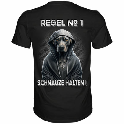 Rückansicht eines schwarzen Shirts mit dem witzigem Spruch Regel No1 Schnauze halten
