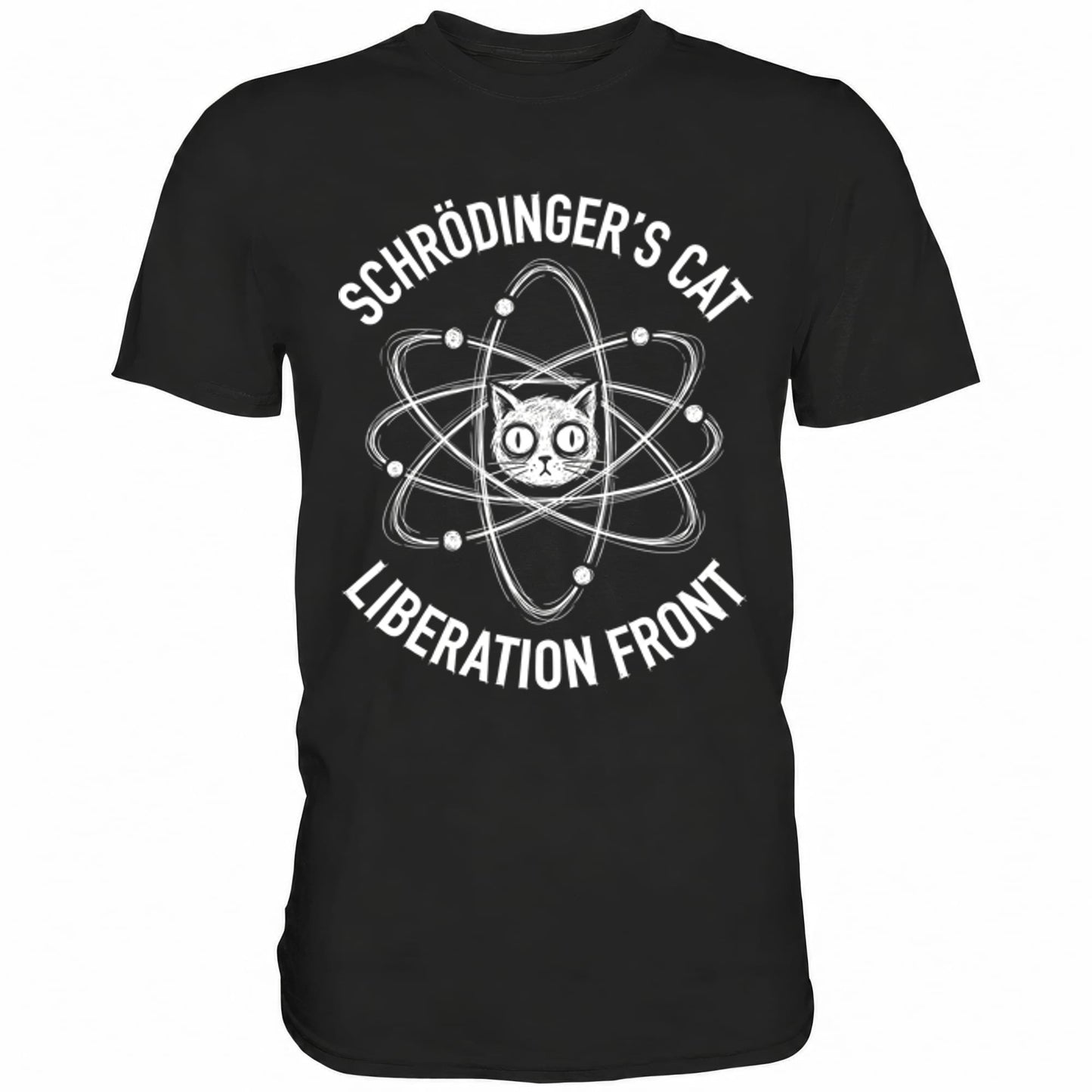 Schwarzes T-Shirt mit sarkastischem Spruch Schrödinger's Cat Liberation Front