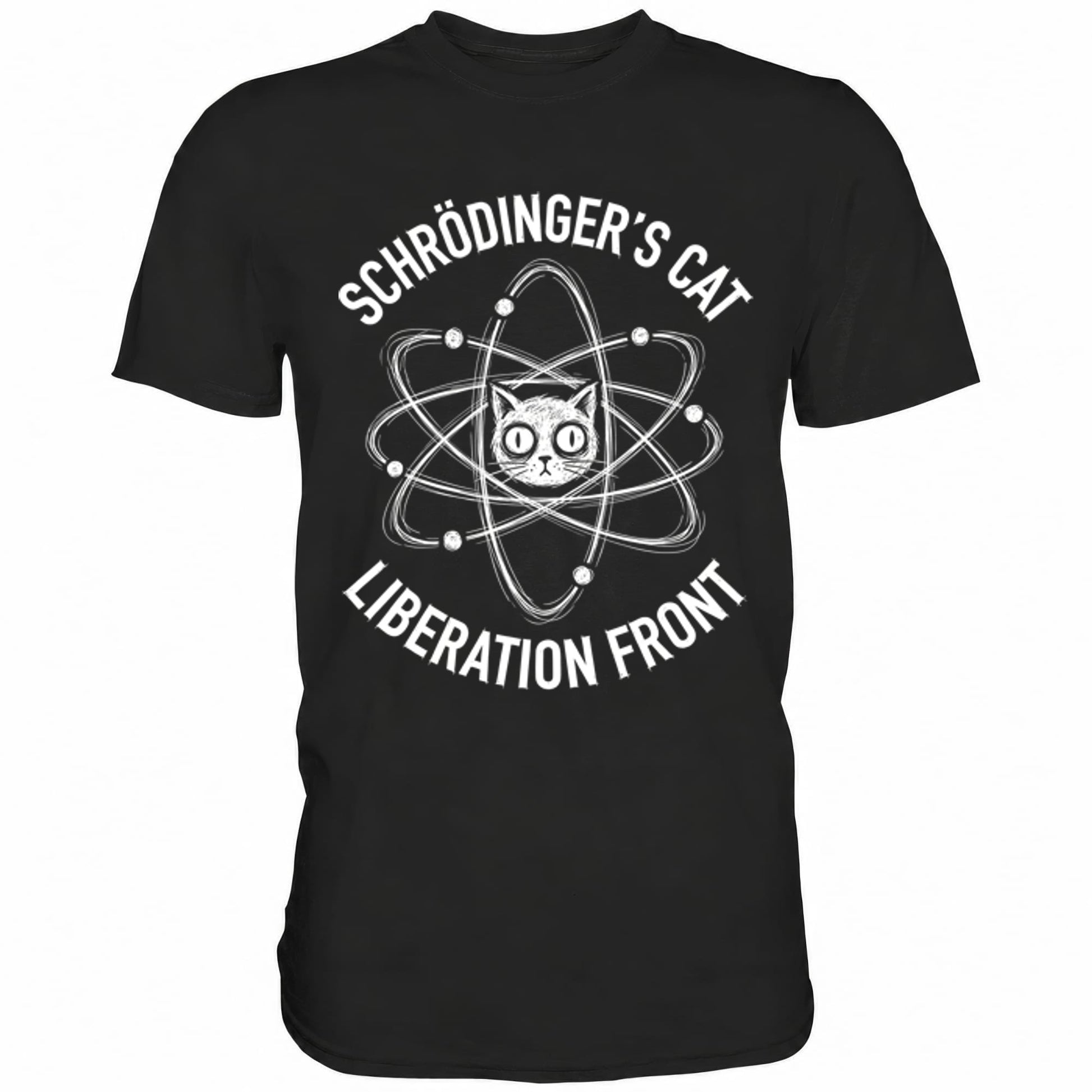 Schwarzes T-Shirt mit sarkastischem Spruch Schrödinger's Cat Liberation Front
