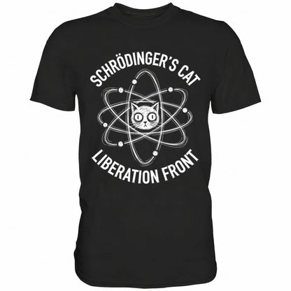 Schwarzes T-Shirt mit sarkastischem Spruch Schrödinger's Cat Liberation Front