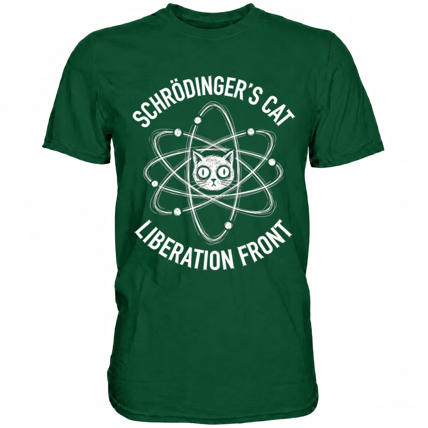 Grünes T-Shirt mit sarkastischem Spruch Schrödinger's Cat Liberation Front