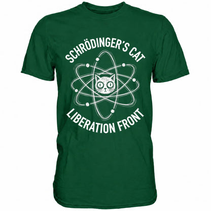 Grünes T-Shirt mit sarkastischem Spruch Schrödinger's Cat Liberation Front