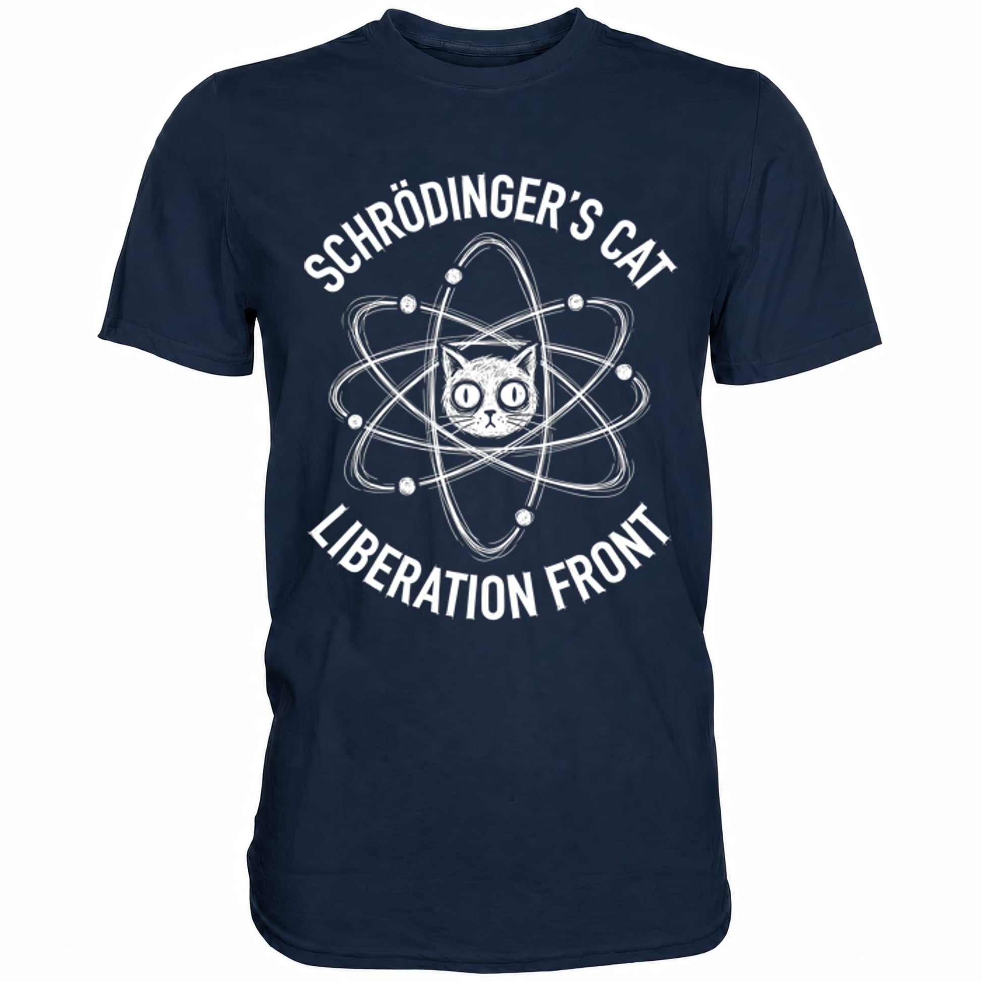 Blaues T-Shirt mit sarkastischem Spruch Schrödinger's Cat Liberation Front