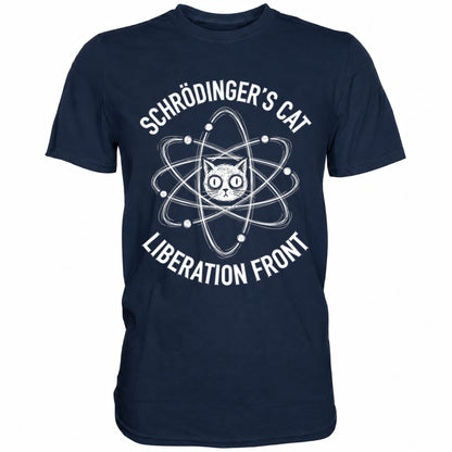 Blaues T-Shirt mit sarkastischem Spruch Schrödinger's Cat Liberation Front