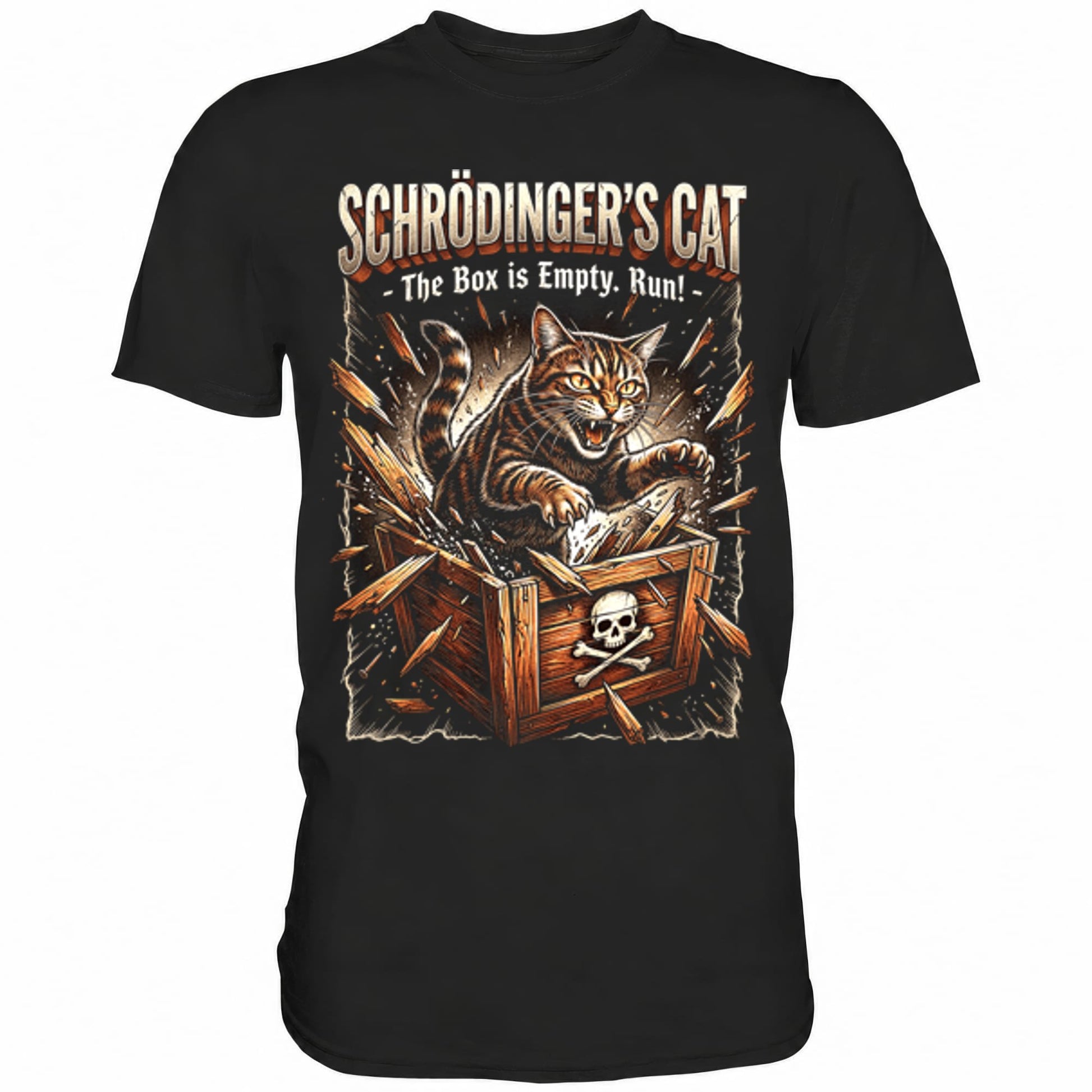 Schwarzes T-Shirt mit sarkastischem Spruch Schrödinger's Cat The box is empty run!