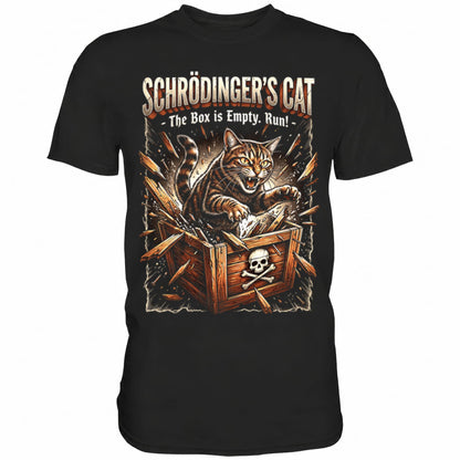 Schwarzes T-Shirt mit sarkastischem Spruch Schrödinger's Cat The box is empty run!