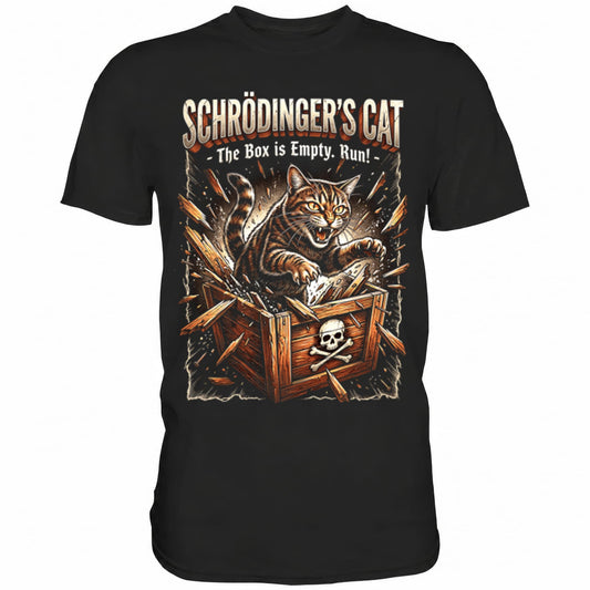 Schwarzes T-Shirt mit sarkastischem Spruch Schrödinger's Cat The box is empty run!