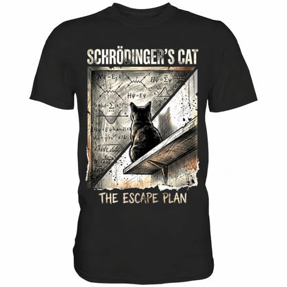 Schwarzes T-Shirt mit sarkastischem Spruch Schrödinger's Cat The Escape Plan