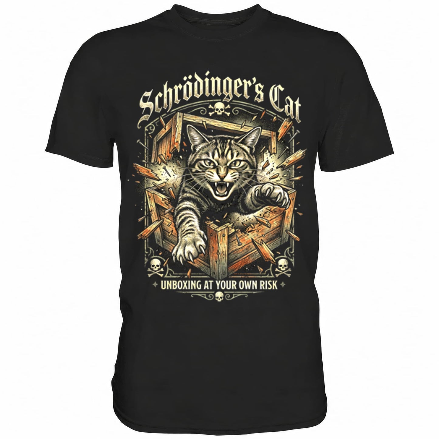 Schwarzes T-Shirt mit sarkastischem Spruch Schrödinger's Cat Unboxing at own risk