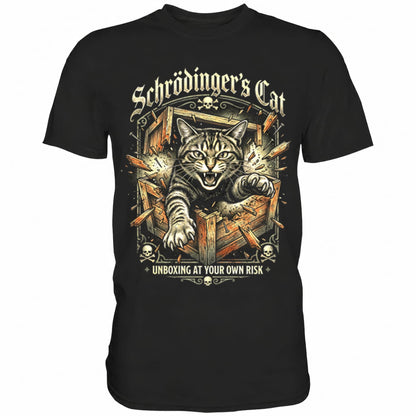 Schwarzes T-Shirt mit sarkastischem Spruch Schrödinger's Cat Unboxing at own risk