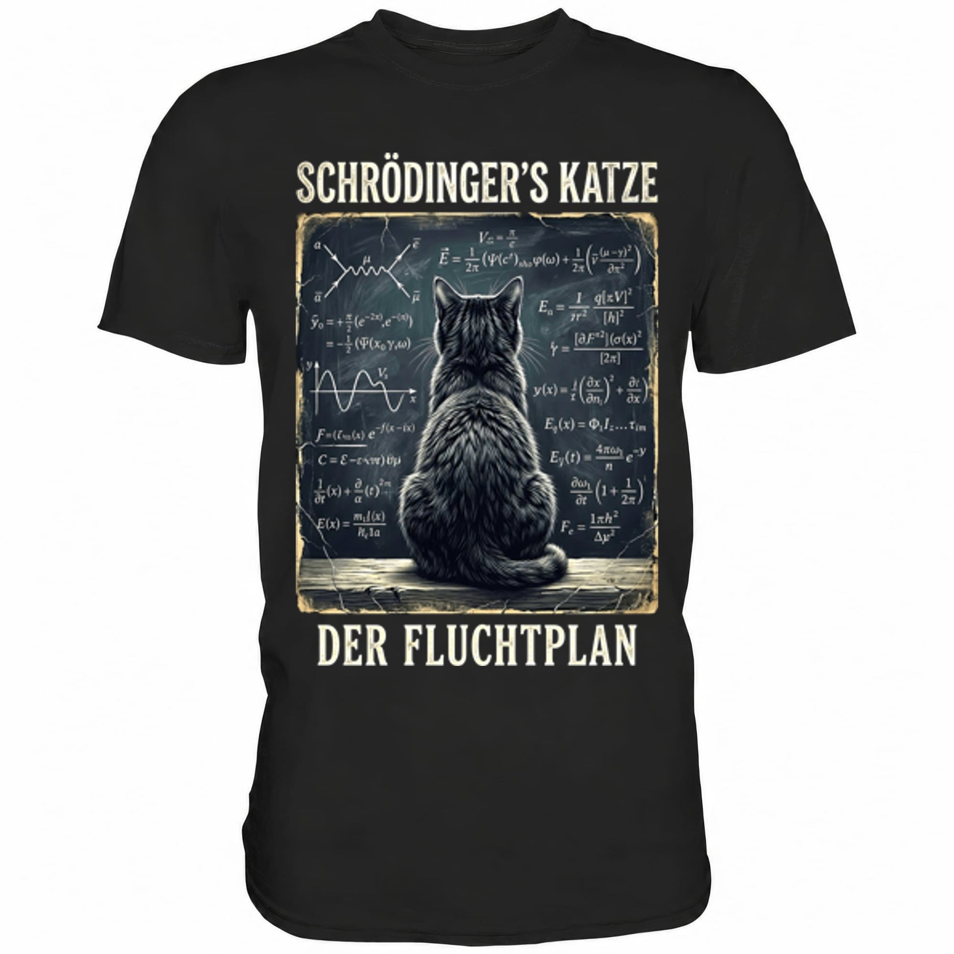Schwarzes T-Shirt mit sarkastischem Spruch Schrödinger's Katze der Fluchtplan