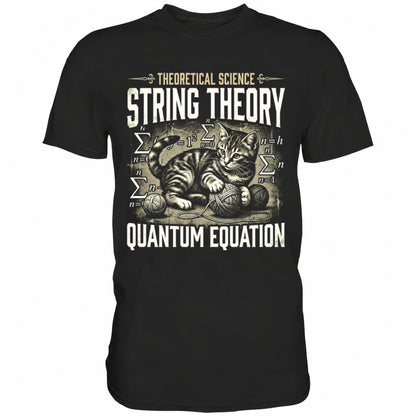Schwarzes T-Shirt mit sarkastischem Spruch Schrödinger's Katze String Theory II