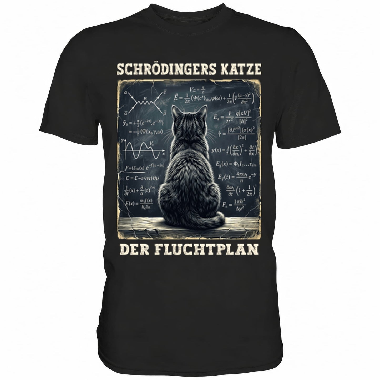 Schwarzes T-Shirt mit sarkastischem Spruch Schrödingers Katze der Fluchtplan