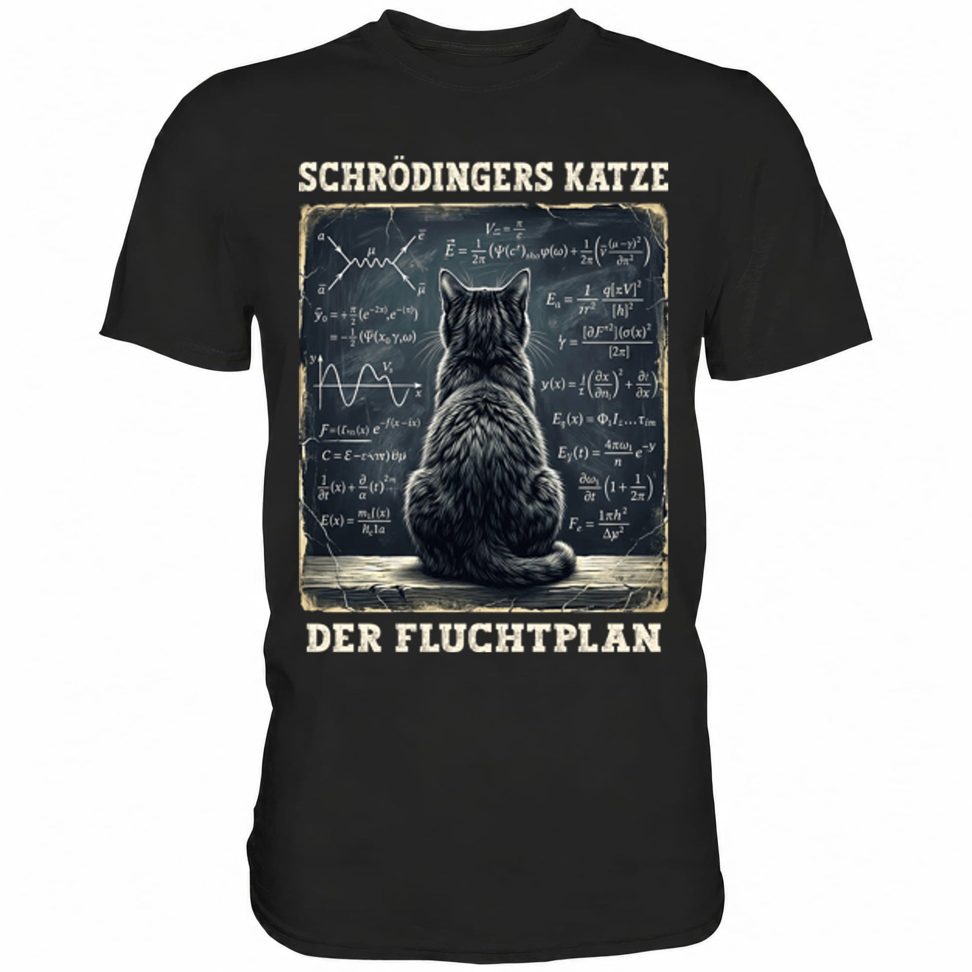 Schwarzes T-Shirt mit sarkastischem Spruch Schrödingers Katze der Fluchtplan