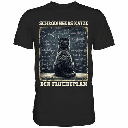 Schwarzes T-Shirt mit sarkastischem Spruch Schrödingers Katze der Fluchtplan