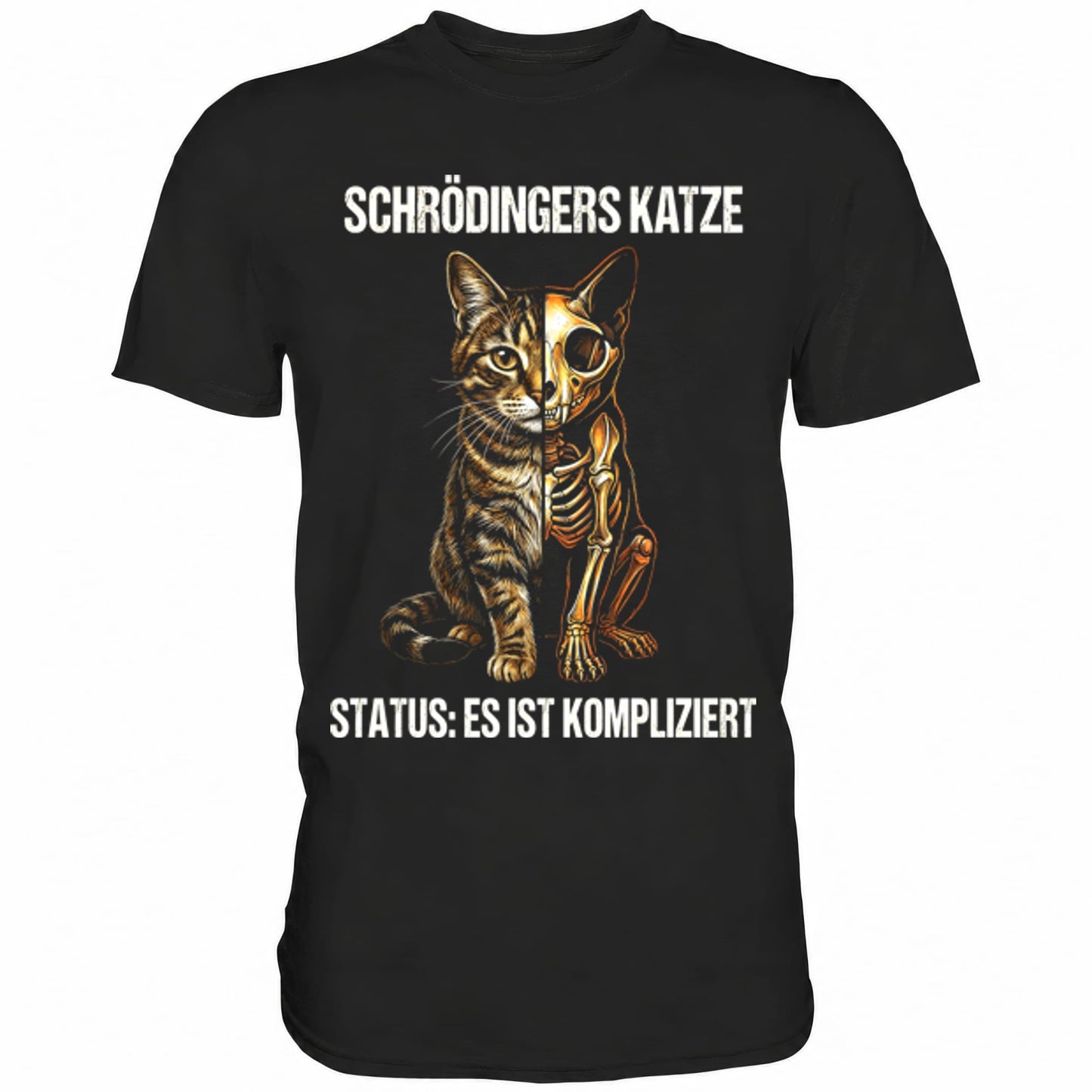 Schwarzes T-Shirt mit sarkastischem Spruch Schrödingers Katze Status: Es ist kompliziert