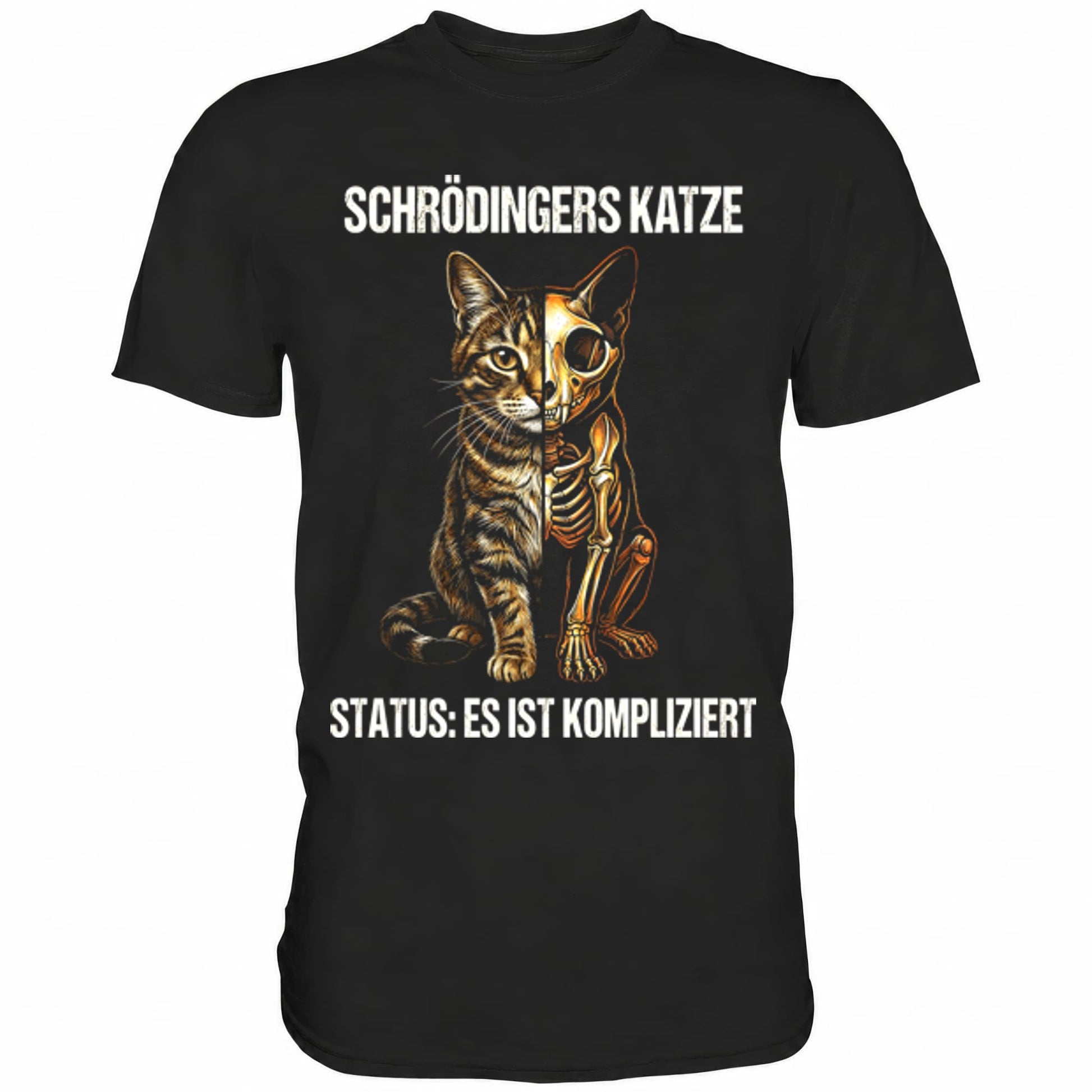 Schwarzes T-Shirt mit sarkastischem Spruch Schrödingers Katze Status: Es ist kompliziert
