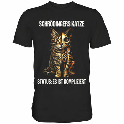 Schwarzes T-Shirt mit sarkastischem Spruch Schrödingers Katze Status: Es ist kompliziert
