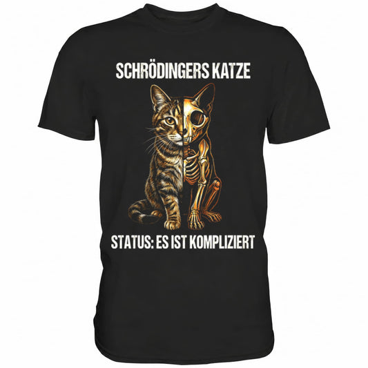 Schwarzes T-Shirt mit sarkastischem Spruch Schrödingers Katze Status: Es ist kompliziert