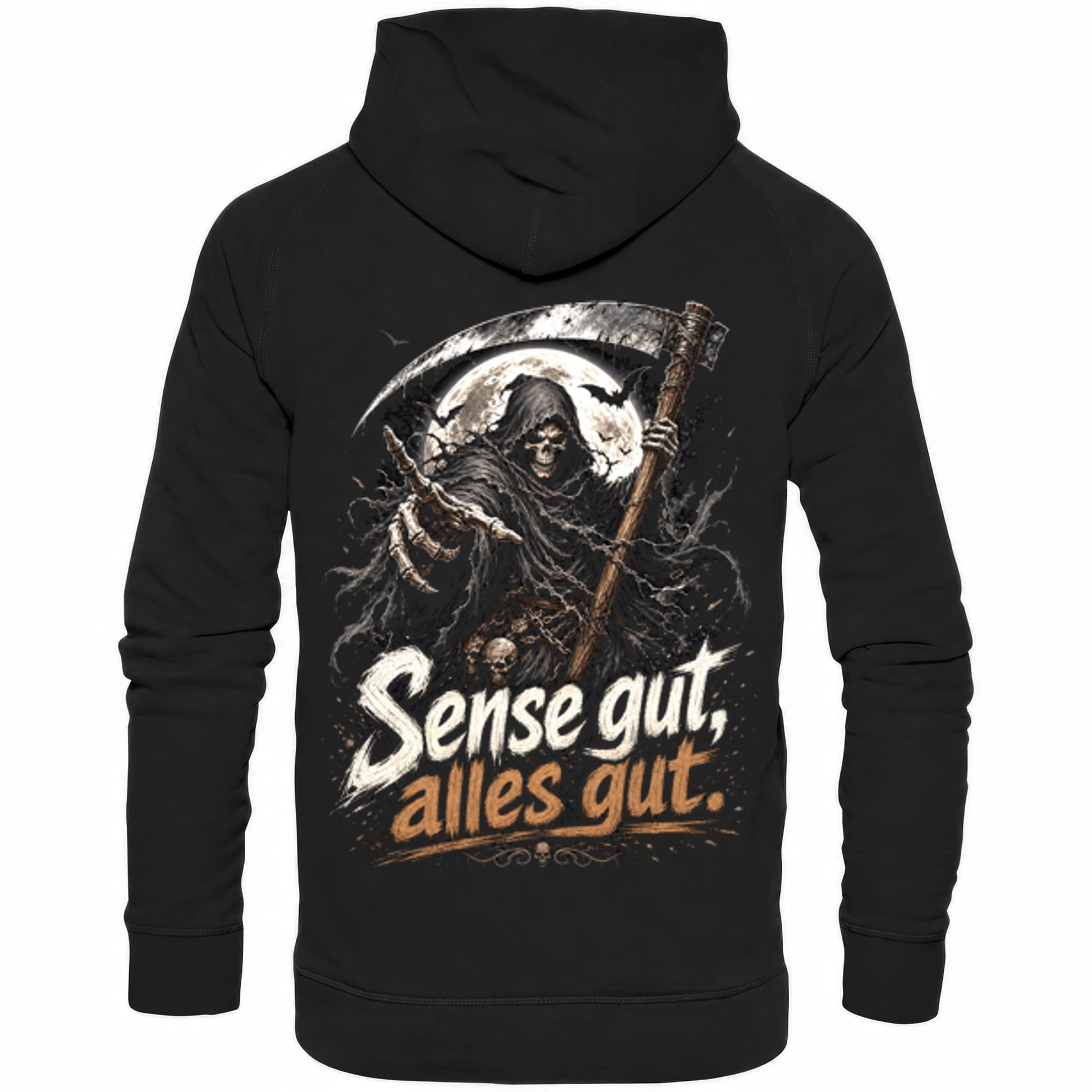 Schwarzer Hoodie mit sarkastischem Spruch Sense gut, alles gut Rückansicht
