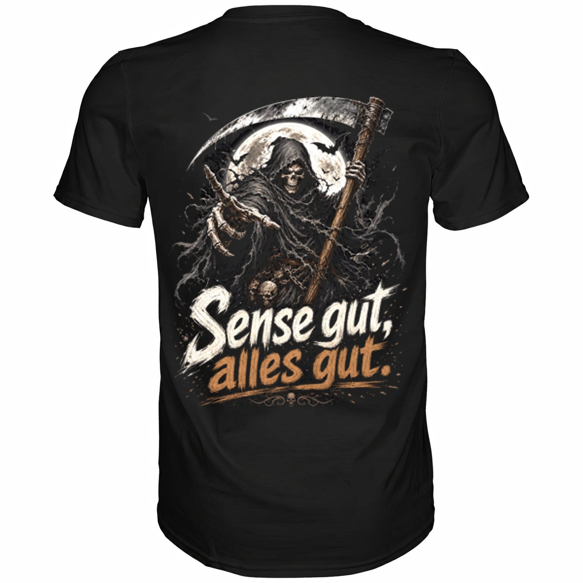 Schwarzes T-Shirt mit sarkastischem Spruch Sense gut, alles gut Rückansicht