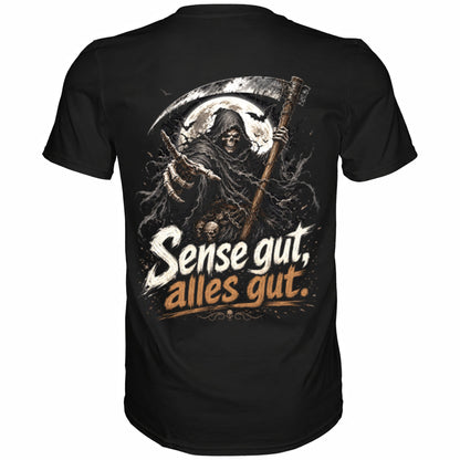 Schwarzes T-Shirt mit sarkastischem Spruch Sense gut, alles gut Rückansicht