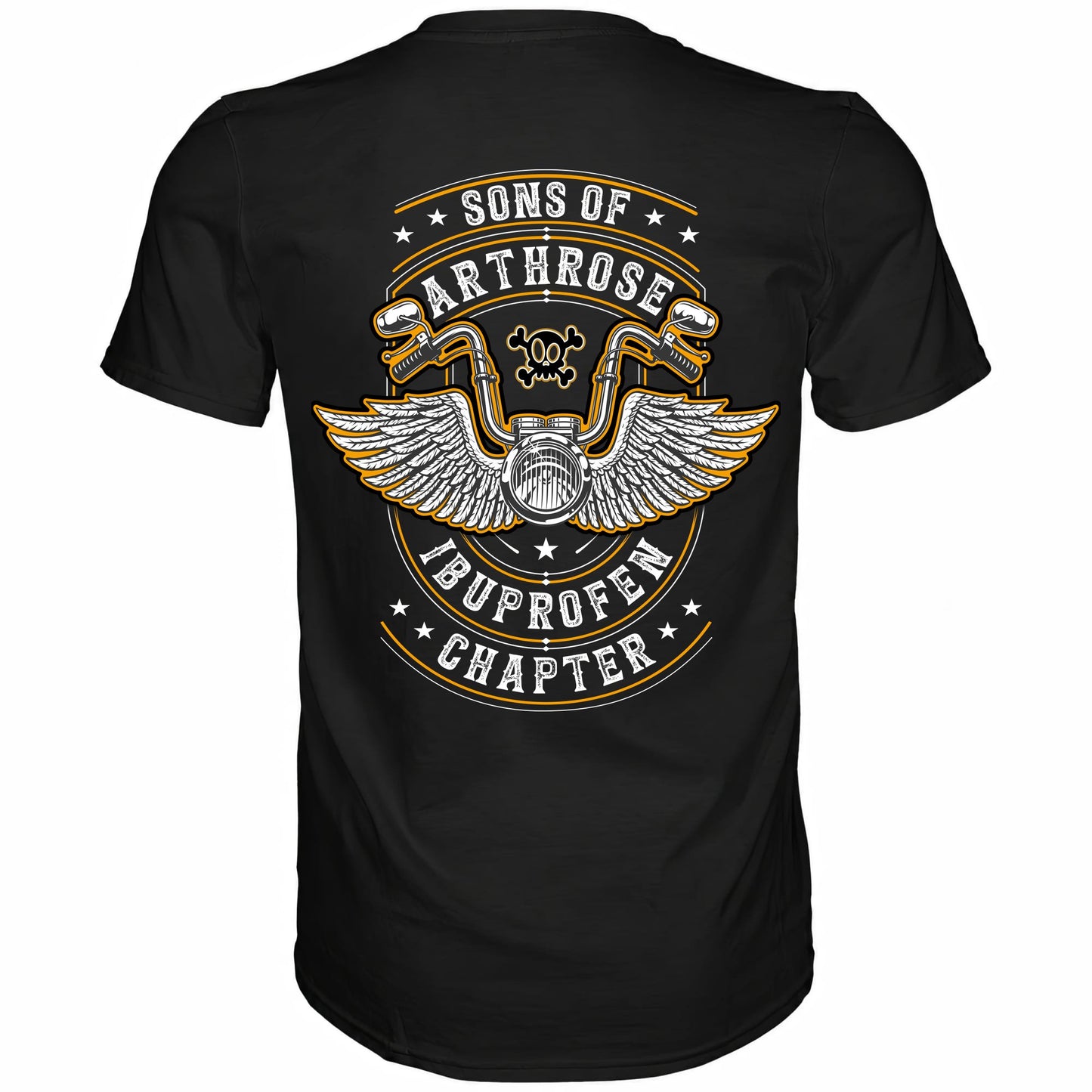 Rückansicht eines schwarzen Biker Shirts mit dem Spruch Sons of Arthrose Ibuprofen Chapter