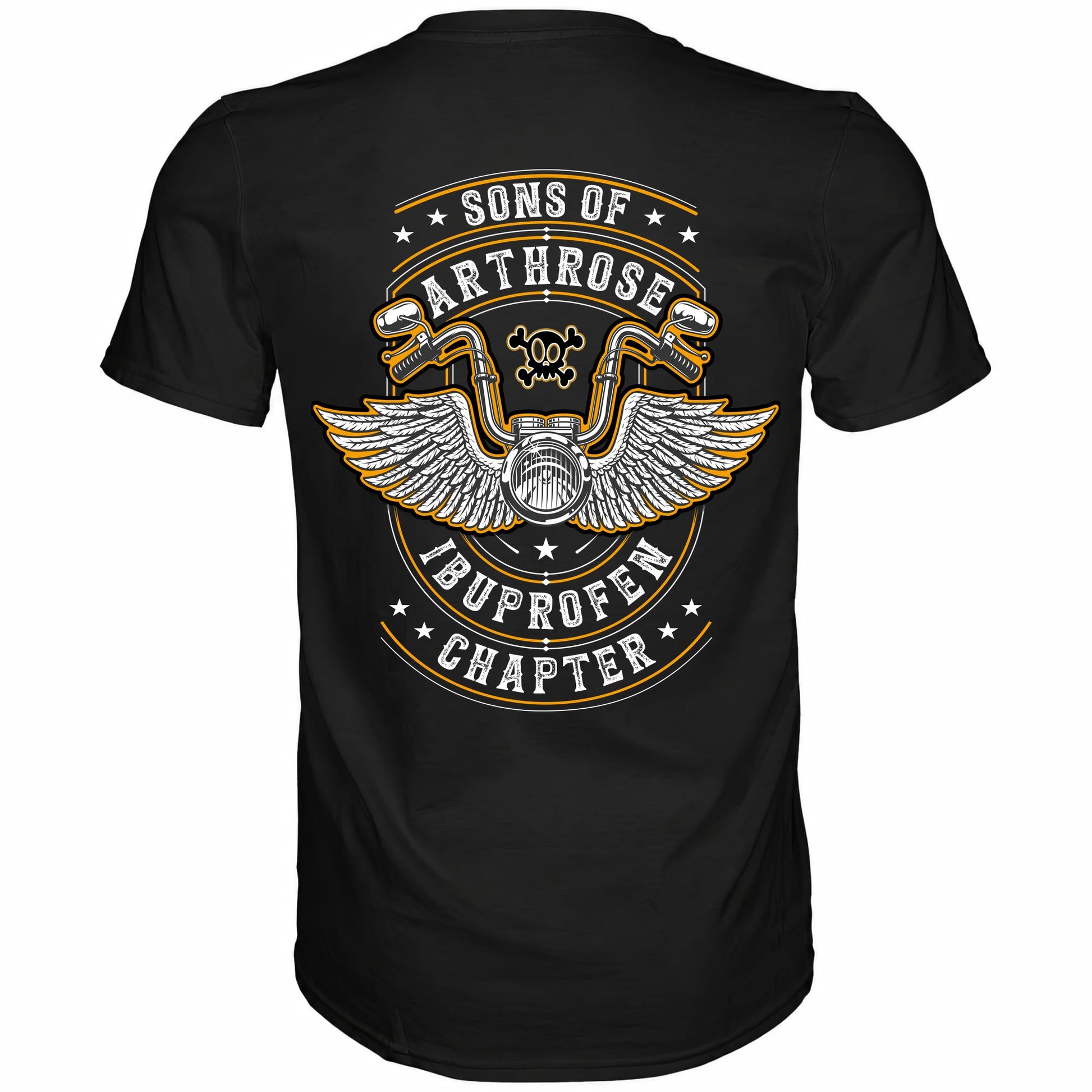 Rückansicht eines schwarzen Biker Shirts mit dem Spruch Sons of Arthrose Ibuprofen Chapter