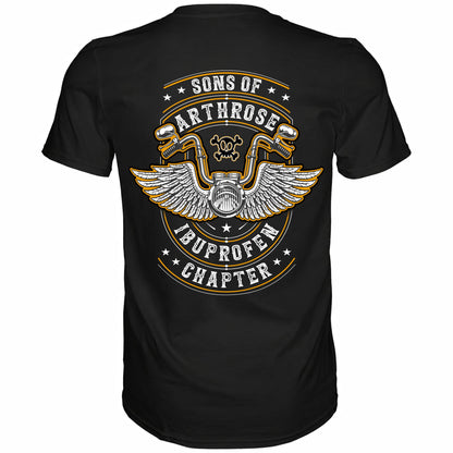 Rückansicht eines schwarzen Biker Shirts mit dem Spruch Sons of Arthrose Ibuprofen Chapter