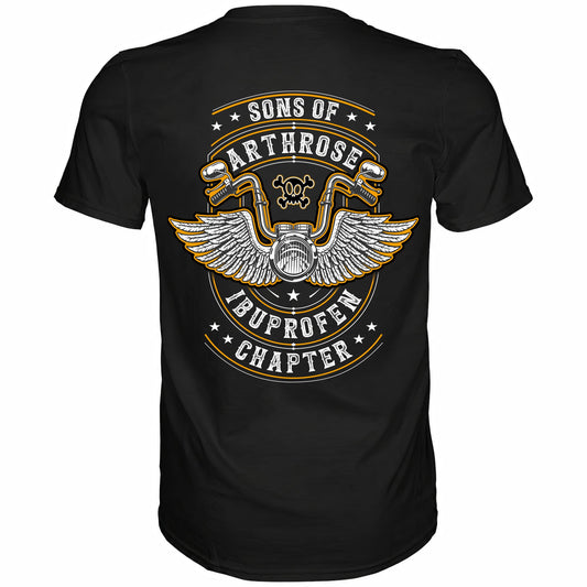 Rückansicht eines schwarzen Biker Shirts mit dem Spruch Sons of Arthrose Ibuprofen Chapter