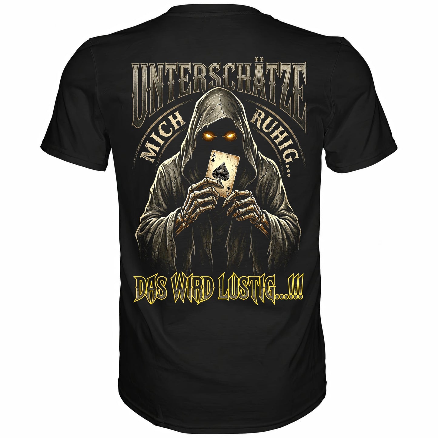 Schwarzes T-Shirt mit sarkastischem Spruch Unterschätze mich ruhig das wird lustig Rückansicht