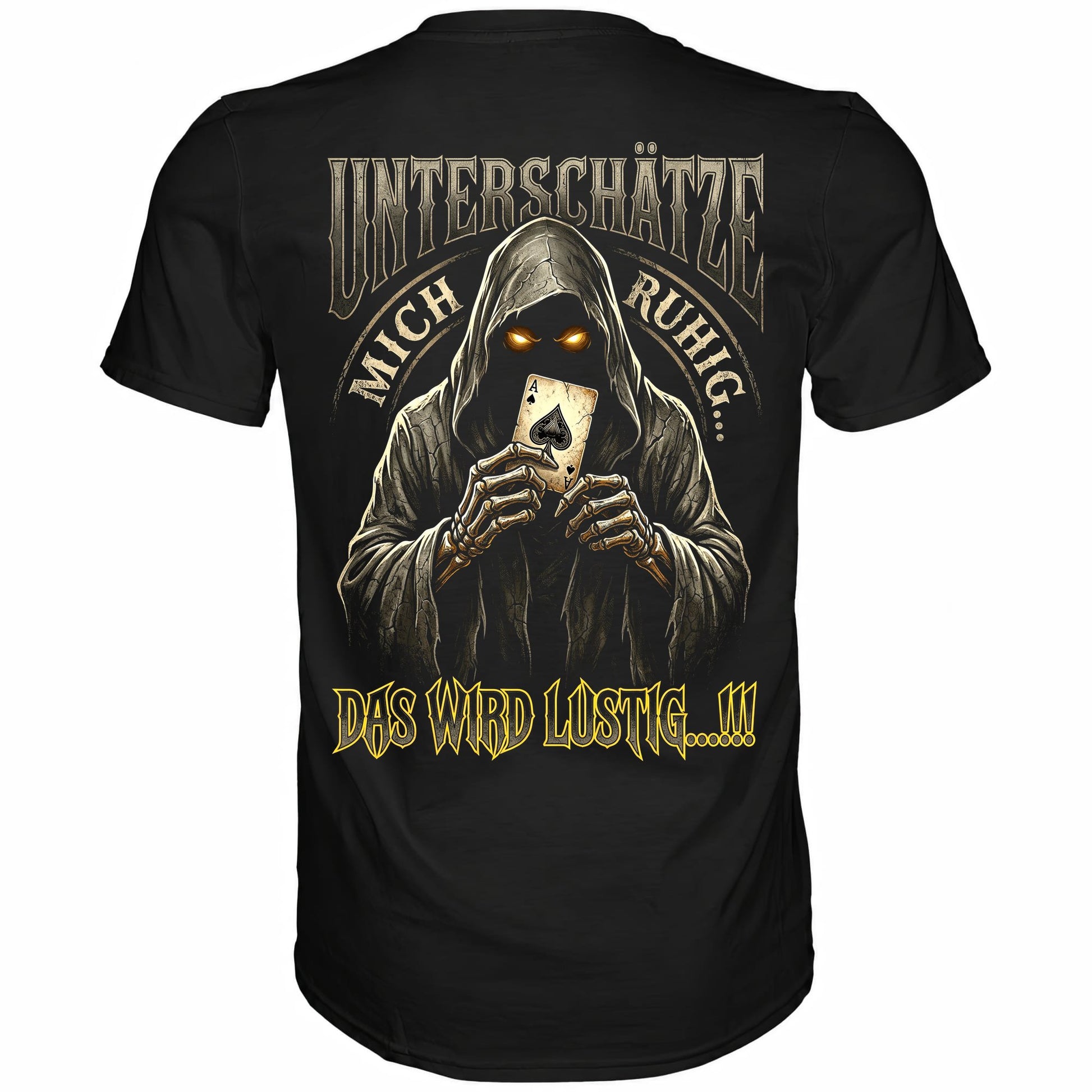 Schwarzes T-Shirt mit sarkastischem Spruch Unterschätze mich ruhig das wird lustig Rückansicht
