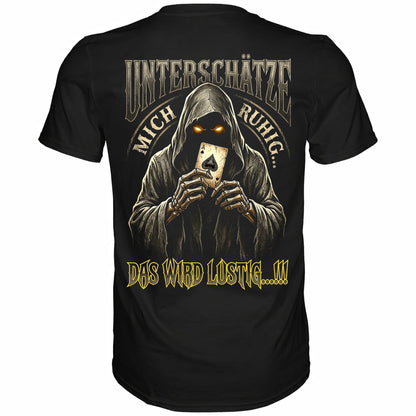 Schwarzes T-Shirt mit sarkastischem Spruch Unterschätze mich ruhig das wird lustig Rückansicht