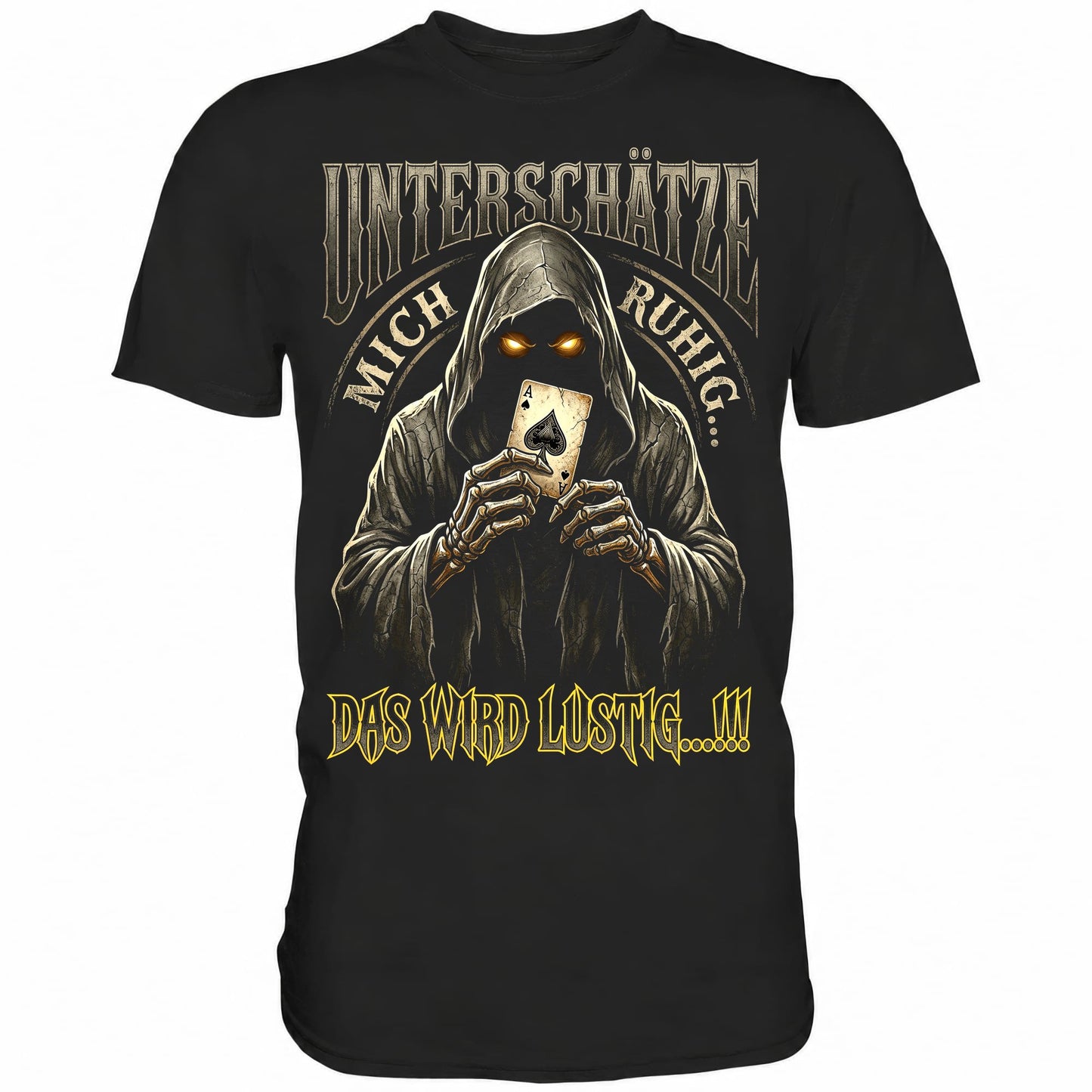 Schwarzes T-Shirt mit sarkastischem Spruch Unterschätze mich ruhig das wird lustig