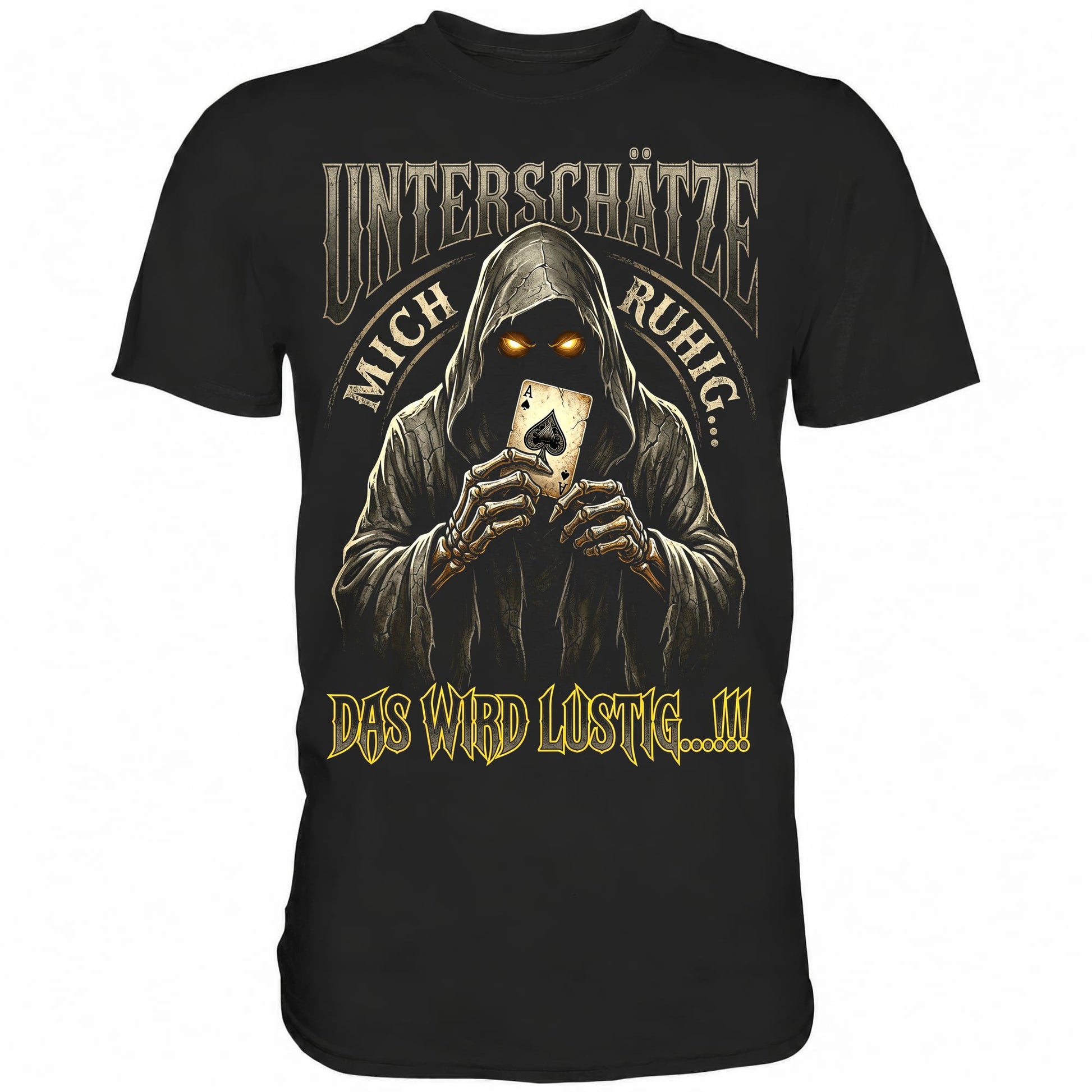 Schwarzes T-Shirt mit sarkastischem Spruch Unterschätze mich ruhig das wird lustig