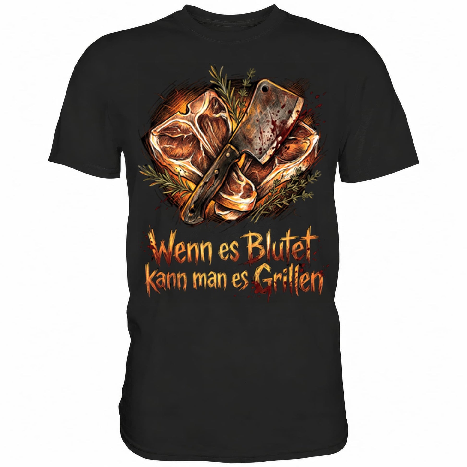 Schwarzes T-Shirt mit sarkastischem Spruch Wenn es blutet kann man es grillen II