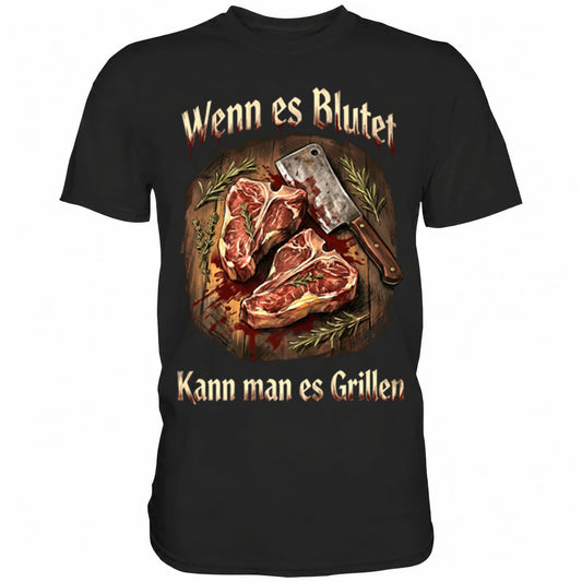 Schwarzes T-Shirt mit sarkastischem Spruch Wenn es blutet kann man es grillen