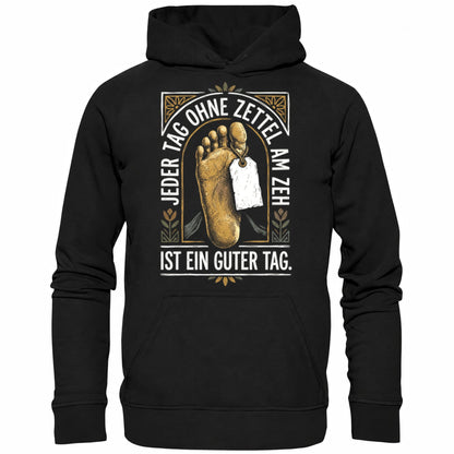 Schwarzer Hoodie mit sarkastischem Spruch Zettel am Zeh