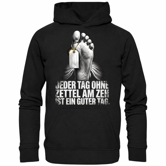 Schwarzer Hoodie mit sarkastischem Spruch Zettel am Zeh II